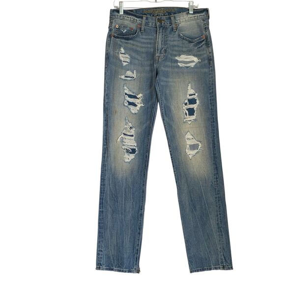 American Eagle Distressed Ripped Jeans Mens 32x33 Blue Straight Slim Grunge Punk - Picture 1 of 10